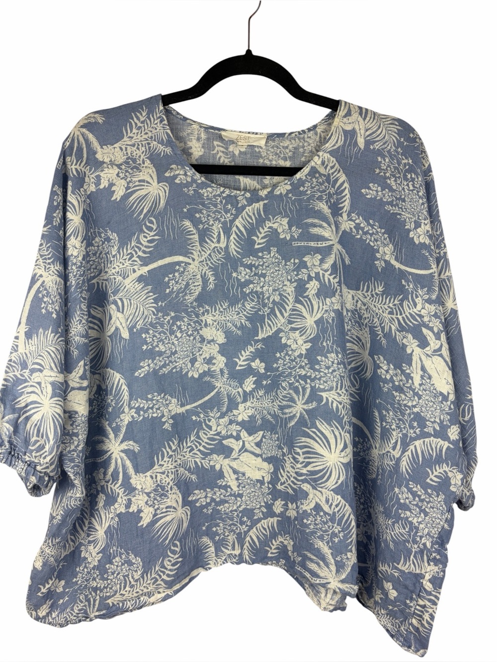 Zest 100% Linen Blue Botanical Print Oversized Top Size 8 Coastal Tropical